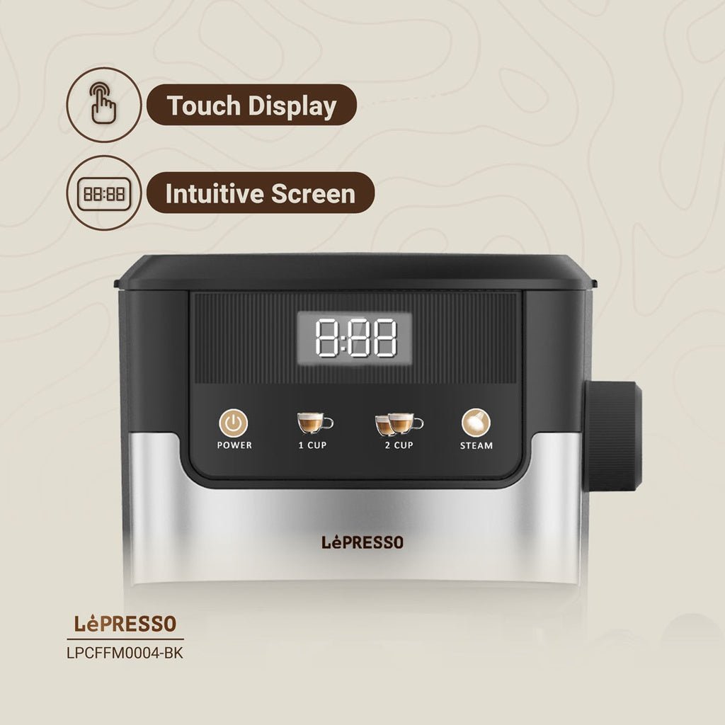 ماكينة الإسبريسو Lepresso Suprema السوداء بشاشة لمس وعصا تبخير حليب