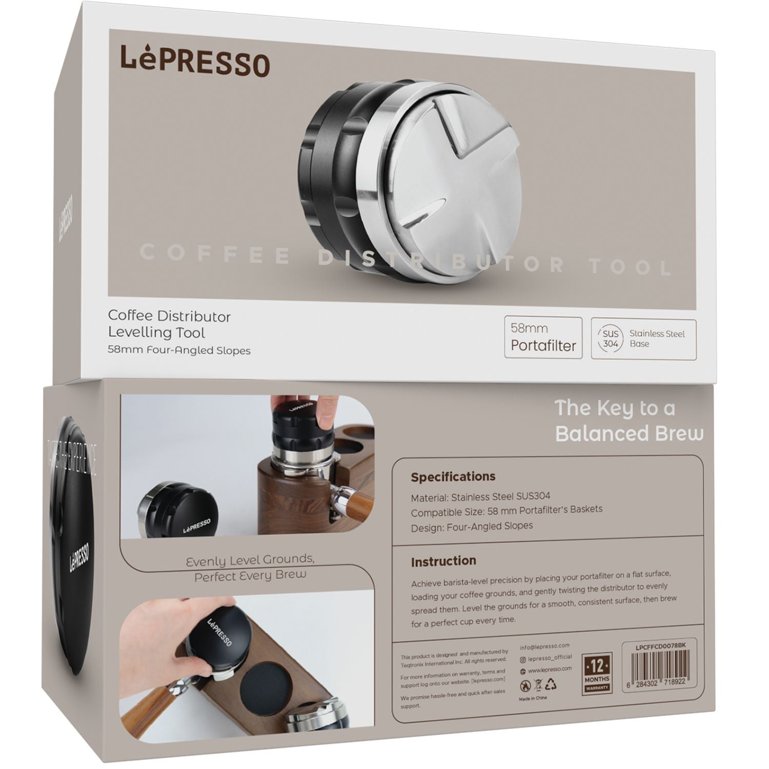 أداة توزيع وتسوية القهوة LePresso ستانلس ستيل بأربع زوايا مائلة فوق بورتافلتر 58 مم