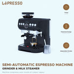 ماكينة إسبريسو LePresso سوداء بمطحنة حبوب مدمجة وبخّار حليب