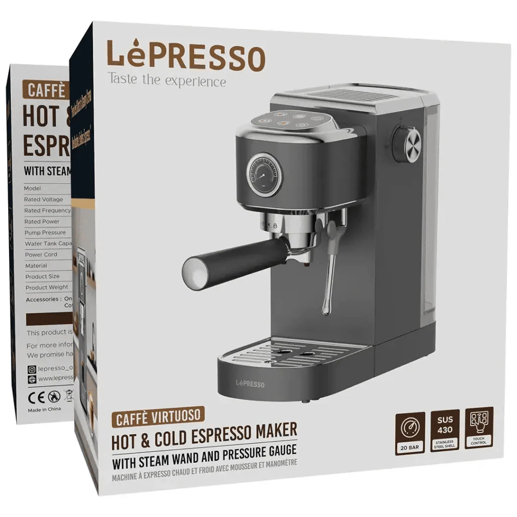 ماكينة إسبريسو رمادية ساخن وبارد مع عصا تبخير ومؤشر ضغط من LePresso