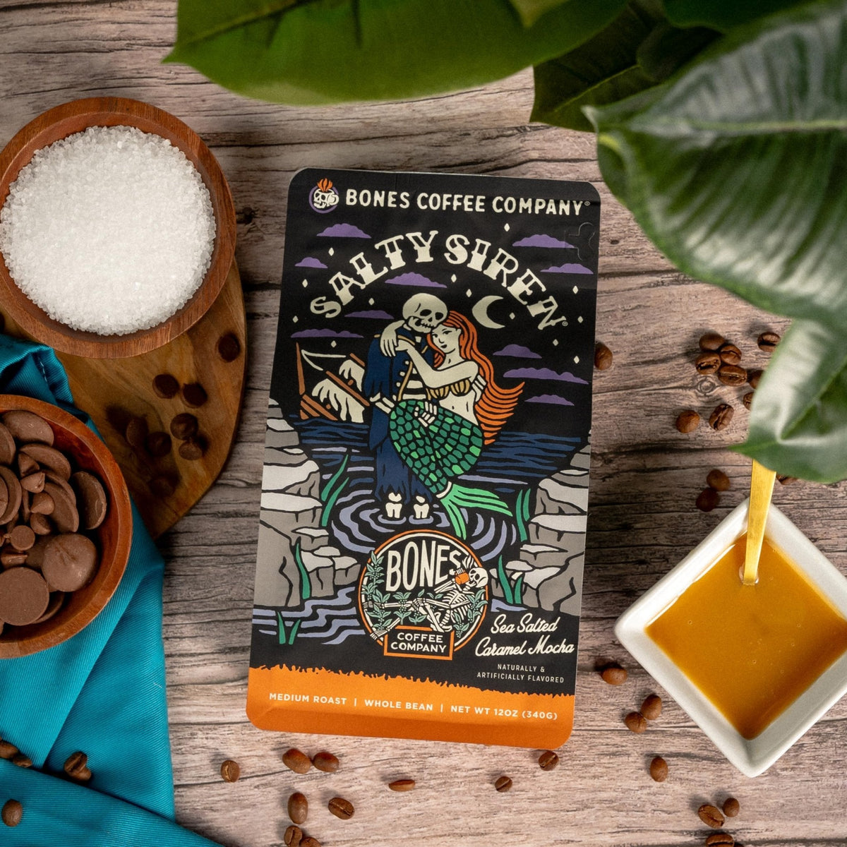 عبوة قهوة Bones Coffee Salty Siren مطحونة 340 جم بنكهة الكراميل المملح