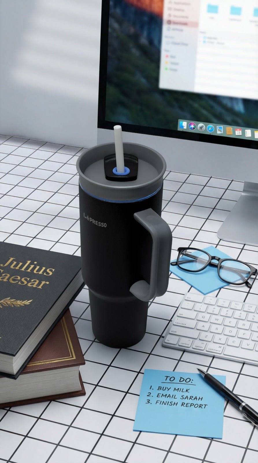 كوب LePresso معزول 1200 مل بجدار مزدوج مع مقبض وشفاط