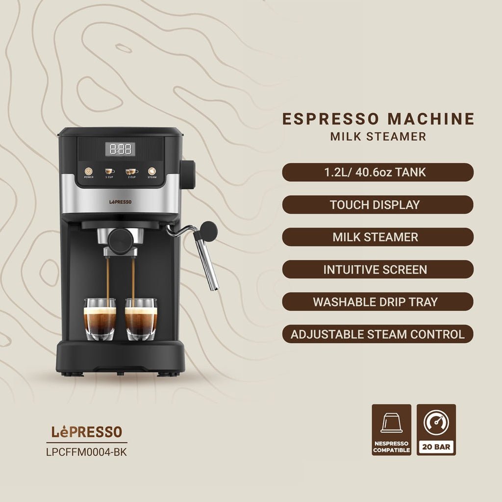 ماكينة الإسبريسو Lepresso Suprema السوداء بشاشة لمس وعصا تبخير حليب