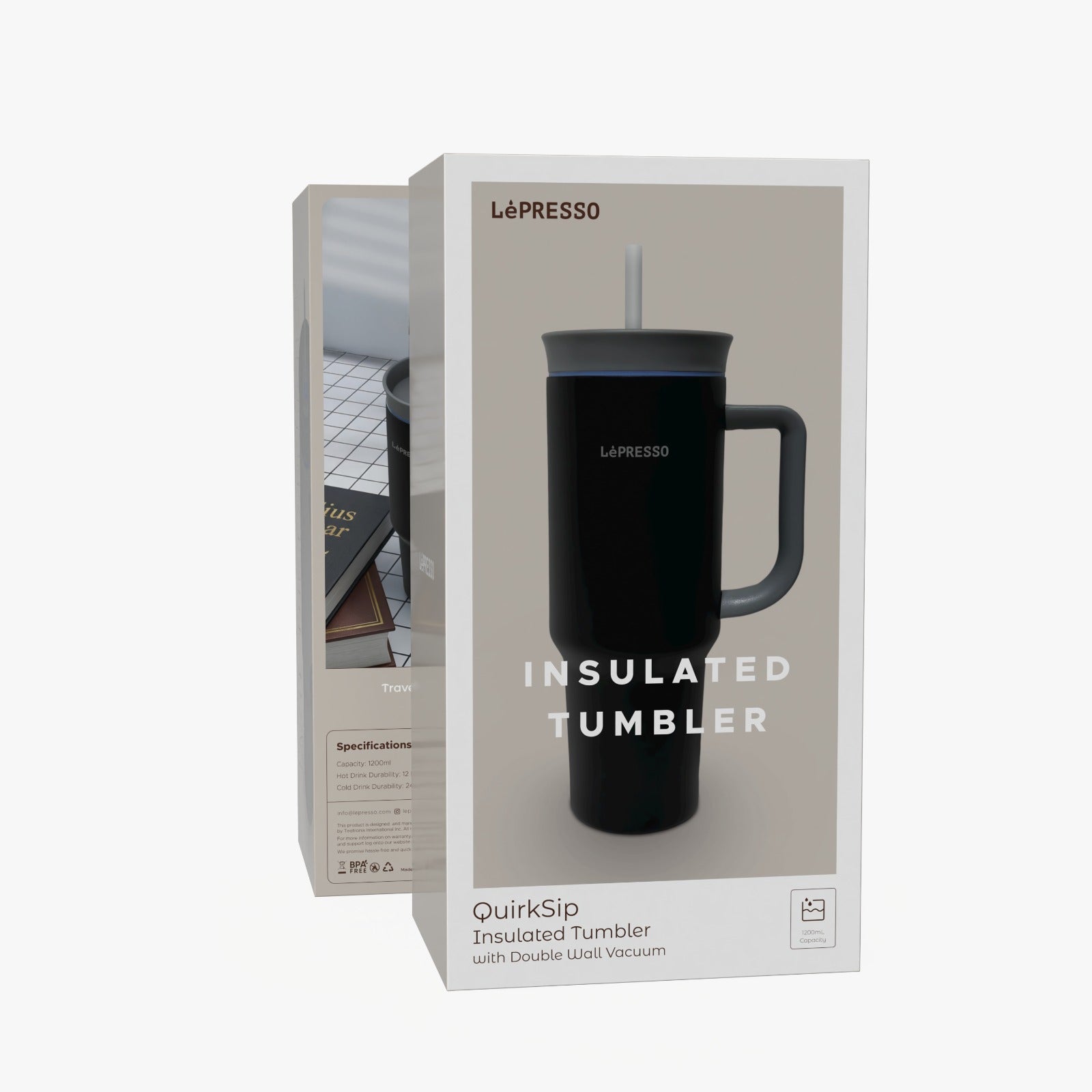 كوب LePresso معزول 1200 مل بجدار مزدوج مع مقبض وشفاط