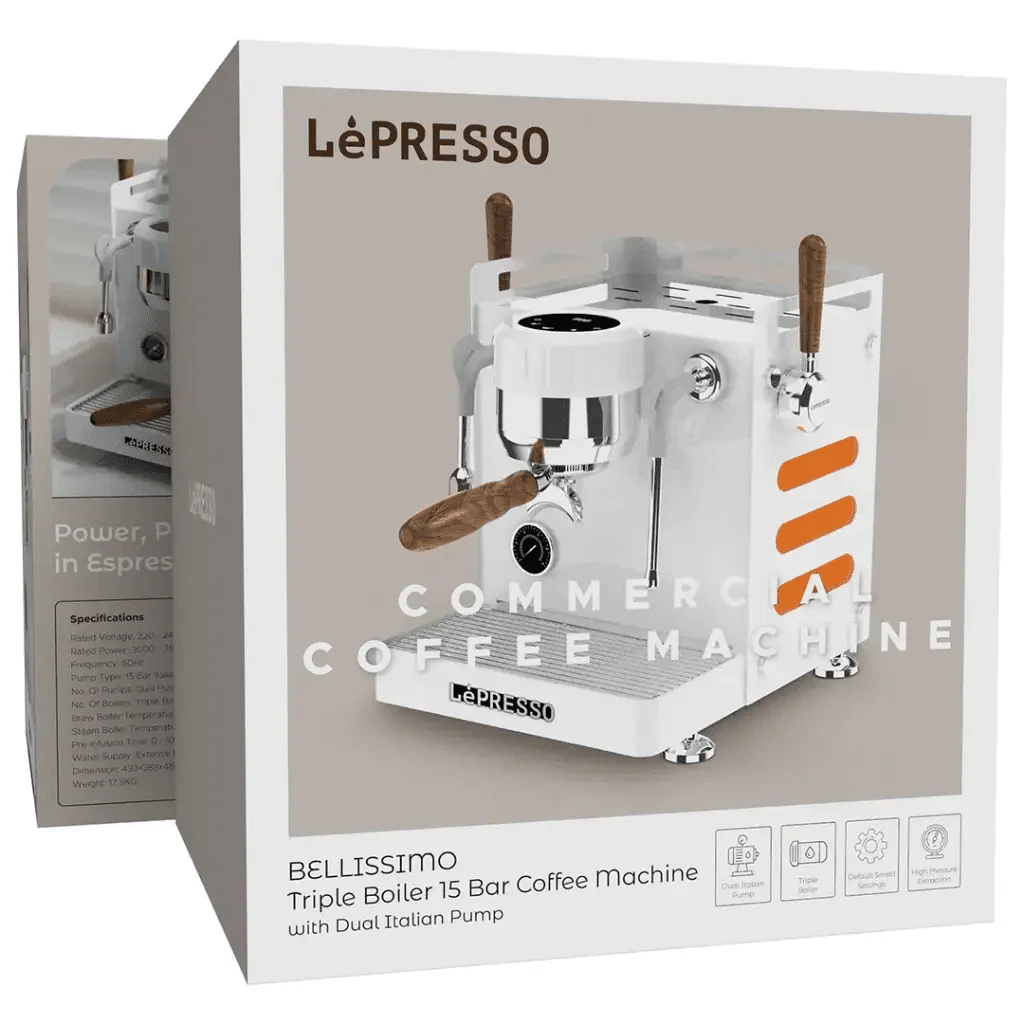 ماكينة قهوة LePresso Bellissimo احترافية بيضاء بثلاث غلايات ومضختين