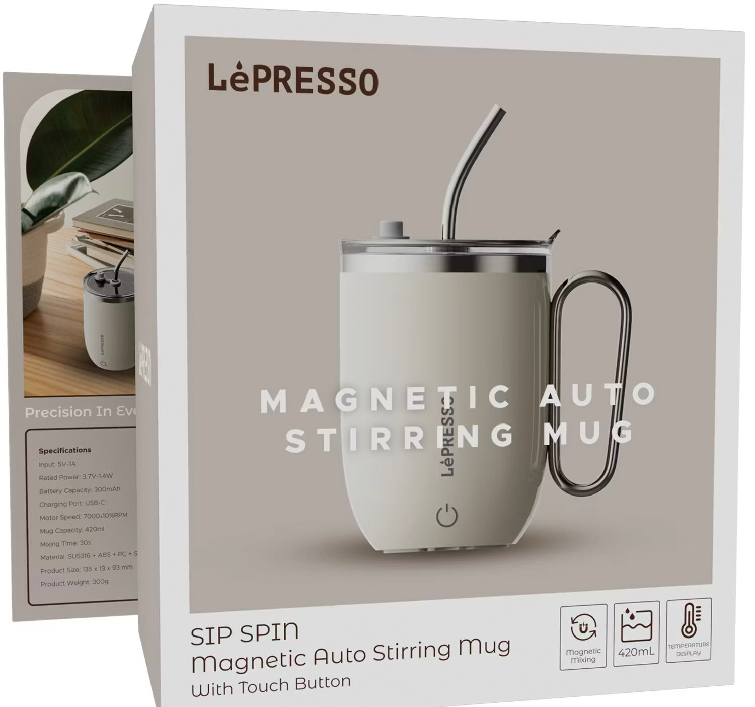 كوب التحريك الأوتوماتيكي Sip Spin من Lepresso بشاشة عرض درجة الحرارة