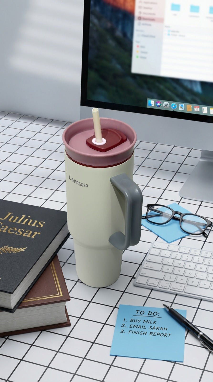 كوب LePresso معزول 1200 مل بجدار مزدوج مع مقبض وشفاط