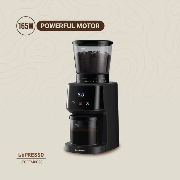 مطحنة قهوة Lepresso الكهربائية المخروطية السوداء بخزان حبوب 275 جرامًا