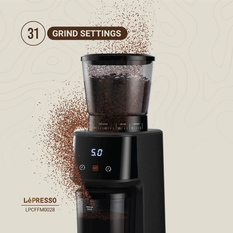 مطحنة قهوة Lepresso الكهربائية المخروطية السوداء بخزان حبوب 275 جرامًا